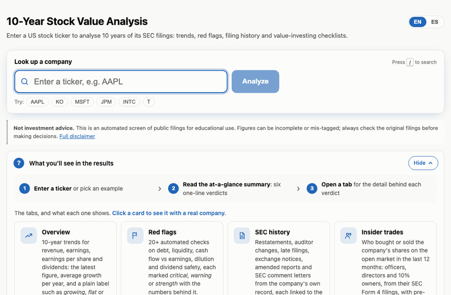 Demo of the stock site: looking up Coca-Cola (KO), then the at-a-glance summary, red flags, SEC history, insider trades, the Graham and Buffett checklists, charts and a comparison with Intel